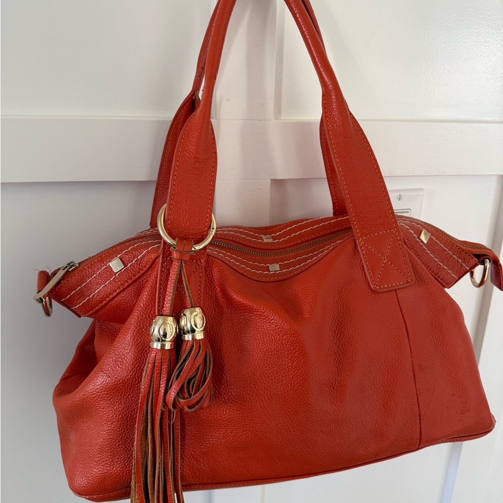 Cuore & Pelle Womens Large Satchel Tote Orange Leather Tassels Adjustable Strap